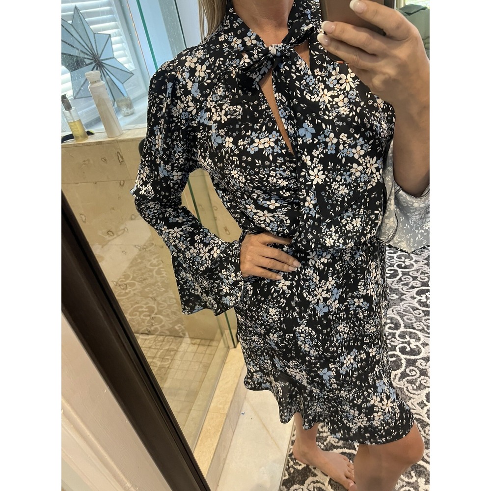 Parker Blue White Floral Flounce Hem Dress Tie Neck Bell Sleeve M